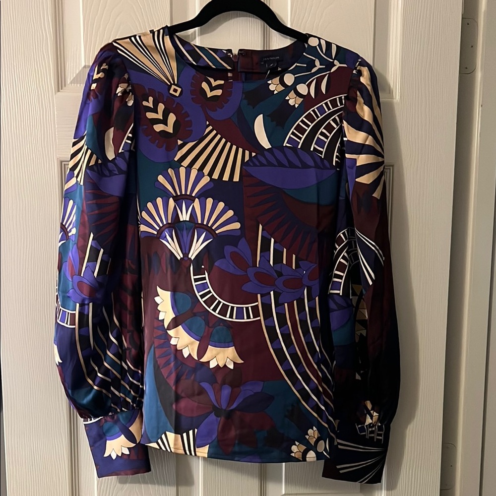 NWT Ann Taylor Blue & Purple Graphic Long Sleeve Blouse Medium Tall